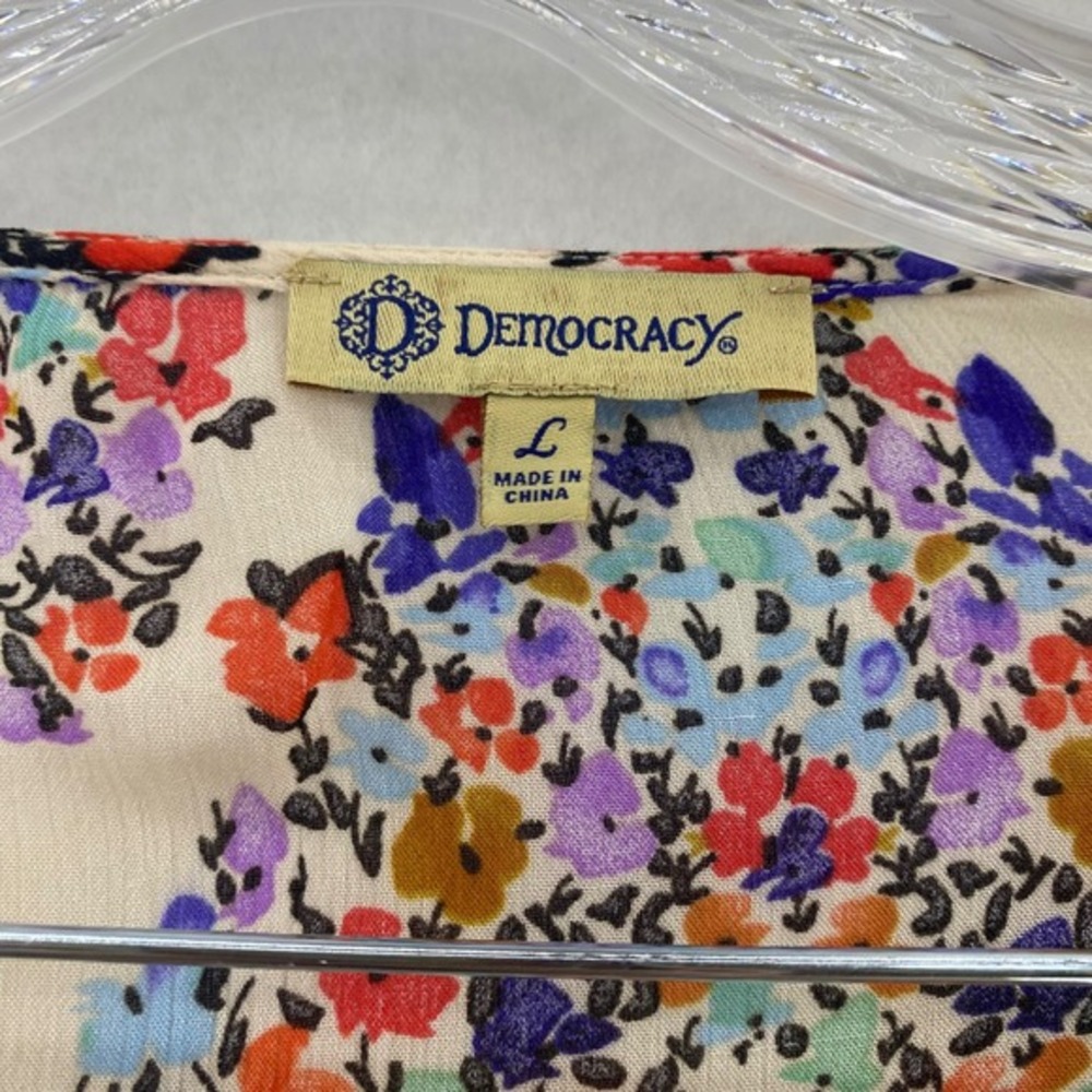 Democracy Floral Blouse Lace Up V Neck 3/4 Sleeve Multicolor Top Size L - Picture 7 of 9